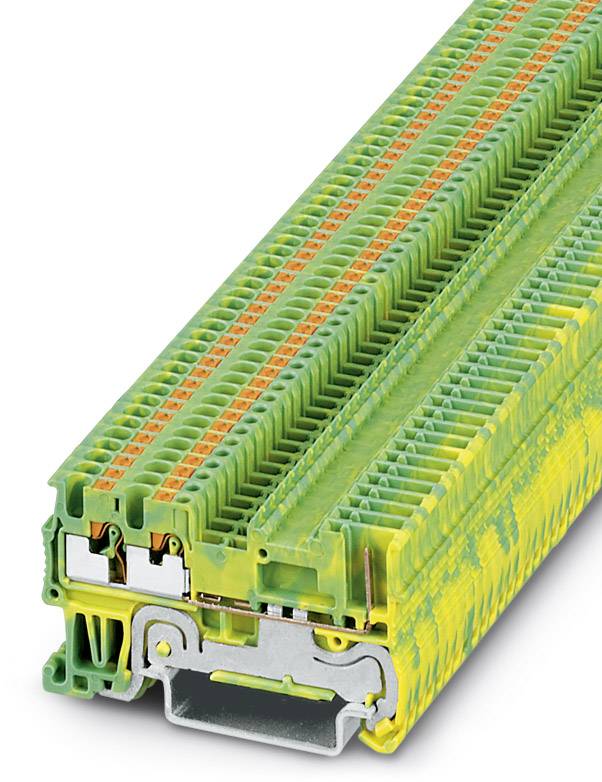 Grün-gelber Reihenklemmenblock mit mehreren Anschlussleisten und metallischer Basis, für elektrische Schaltungen konzipiert.
