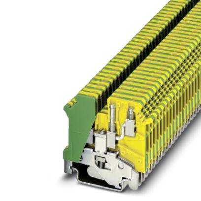 Ein Stapel isolierter Reihenklemmen in Gelb und Grün, die für den elektrischen Anschluss in Schaltschränken verwendet werden.