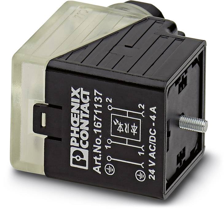 Schwarzes 24V AC/DC Relais von Phoenix Contact mit Anschlussdiagramm auf der Oberfläche. Modellnummer: 1671137.