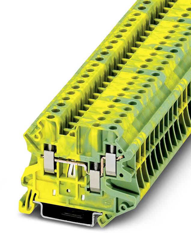 Gelb-grüne Reihenklemme zur elektrischen Leitungsverbindung, zeigt mehrere Anschlussstellen.