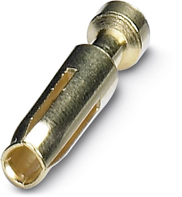 Ein einzelner goldfarbener Bananenstecker für elektrische Verbindungen, mit einem schlitzförmigen Ausschnitt in der Mitte.
