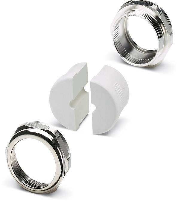 Metallische Überwurfmutter und zweiteilige Kunststoffdichtung, zeigt Teile eines Rohrverbindungssystems oder einer Verschraubung.