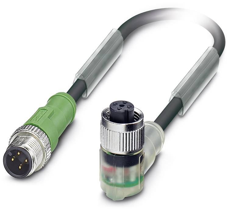Grünes Kabel mit zwei Steckverbindern, einer männlich und einer weiblich, geeignet für industrielle Anwendungen.