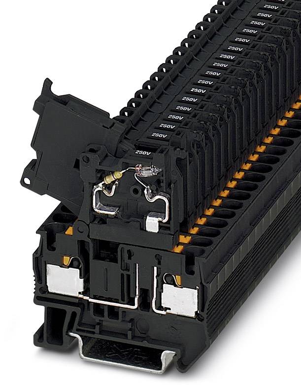 Schwarzer Reihenklemmenblock mit separierten Klemmen, geeignet für elektrische Verdrahtungen, Maximalspannung von 250V.