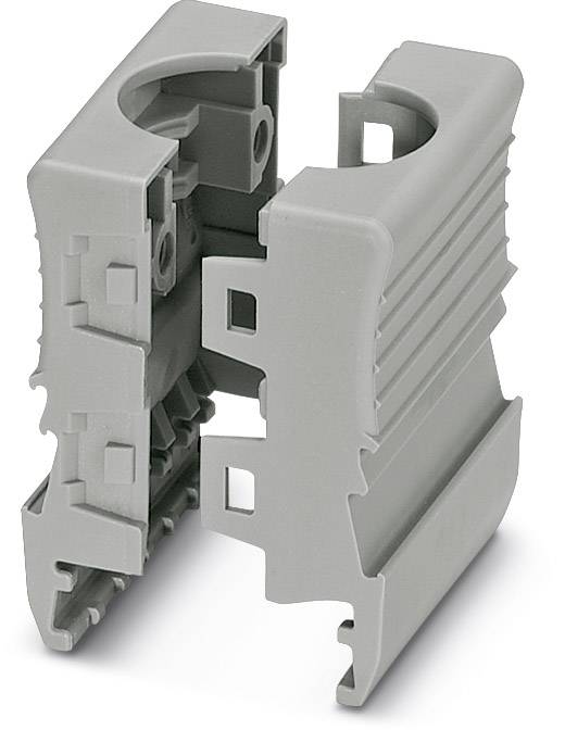 Graues Kunststoffteil, vermutlich ein Elektronikgehäuse oder Verbindungselement mit Hohlräumen und Befestigungspunkten.