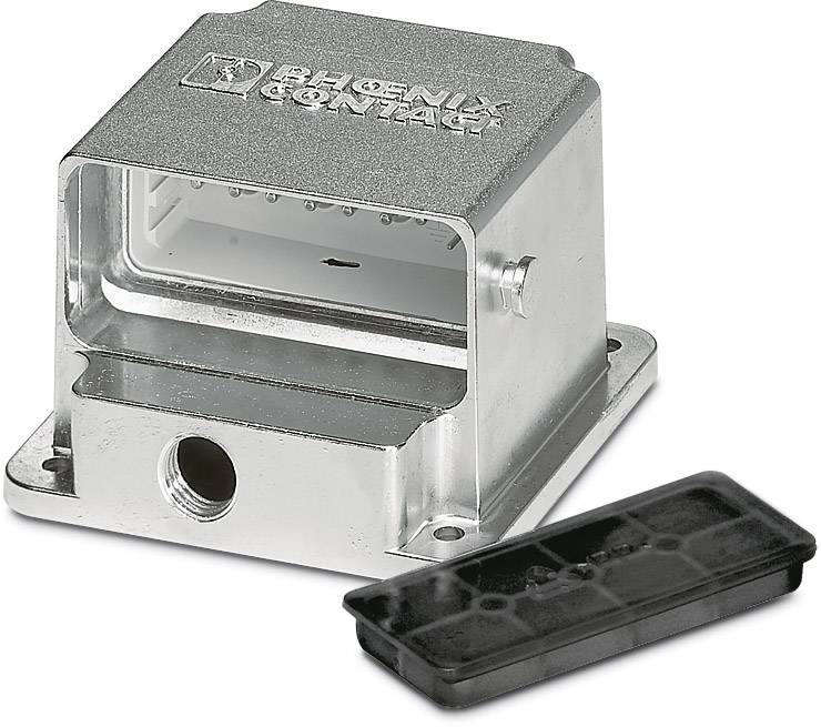 Metallgehäuse für Industriestecker von Phoenix Contact, zeigt rechteckige Form mit seitlichem Kabelausgang und abnehmbarem Deckel.