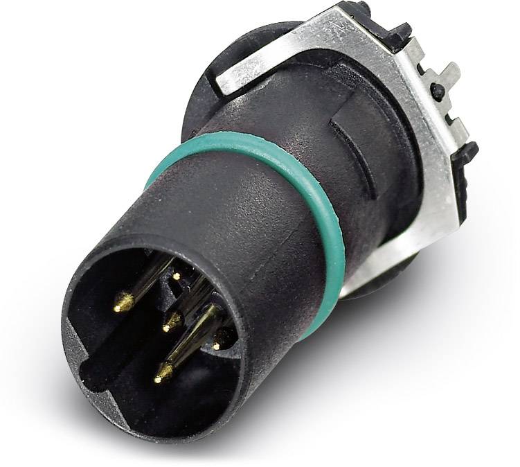 Elektronischer Steckverbinder mit schwarzem Gehäuse, grünem Ring und goldenen Kontakten zur Strom- oder Signalübertragung.