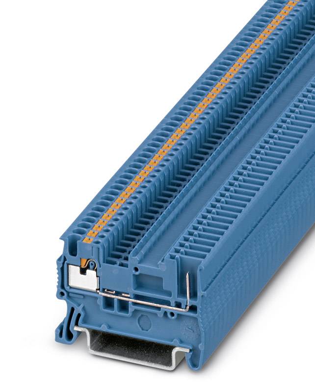 Ein blauer Reihenklemmenblock mit orangen und grauen Kontakten, verwendet in elektrische Anlagen zur Befestigung und Verbindung von Leitungen.