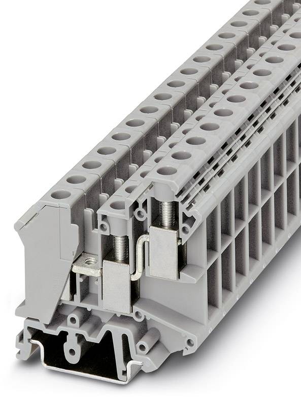 Graues, modulares Reihenklemmensystem für elektrische Verbindungen, seitliche Ansicht zeigt Innenmechanismus zur Kabelbefestigung.