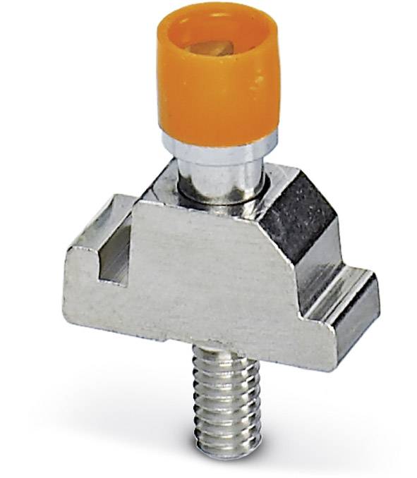 Ein Metallstecker mit orangefarbenem Kunststoffdeckel, unten ein Gewinde zur Befestigung. Hauptsächlich für mechanische Anwendungen geeignet.