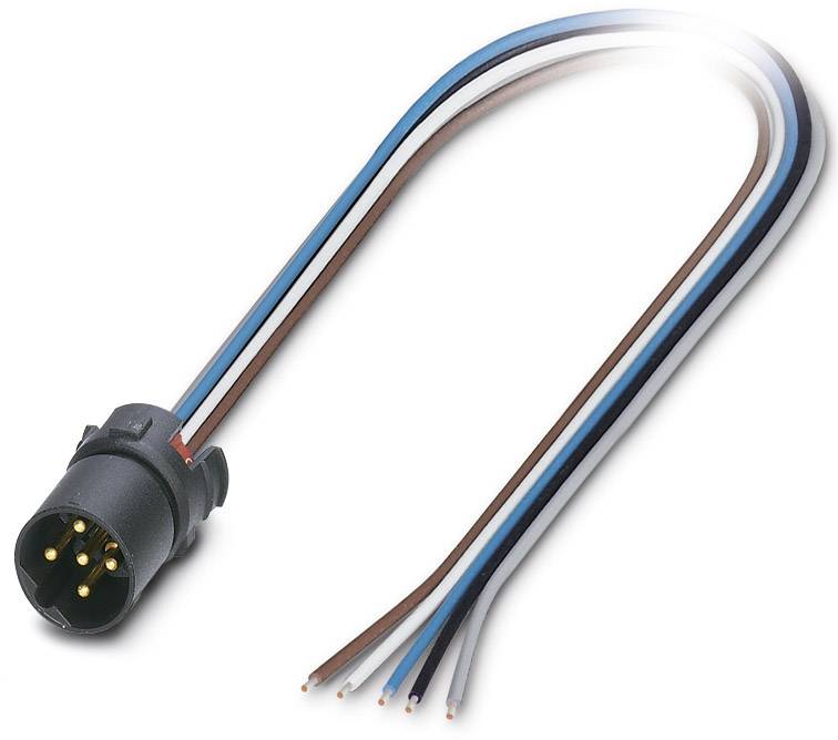 Ein schwarzer Steckverbinder mit vier freiliegenden Kabelenden in Blau, Weiß, Braun und Schwarz. Geeignet für elektrische Verbindungen.