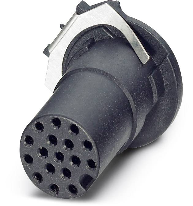 Ein schwarzer, runder Stecker mit mehreren Anschlussöffnungen und einem silbernen Halteclip auf der Oberseite.