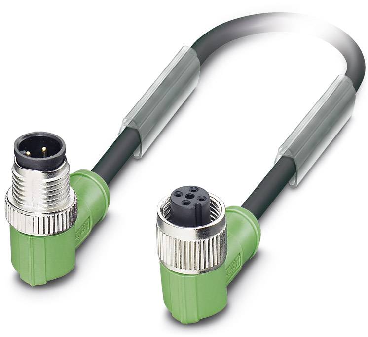 Grünes, industrielles Verbindungskabel mit runden Steckern an beiden Enden, möglicherweise für Maschinen oder technische Geräte.