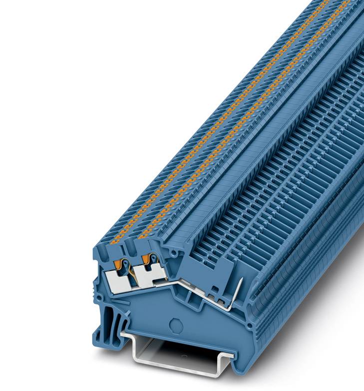 Ein blauer elektrischer Klemmenblock mit mehreren Anschlusspunkten, darauf orangefarbene Drähte. Gerät zur sicheren Kabelverbindung.