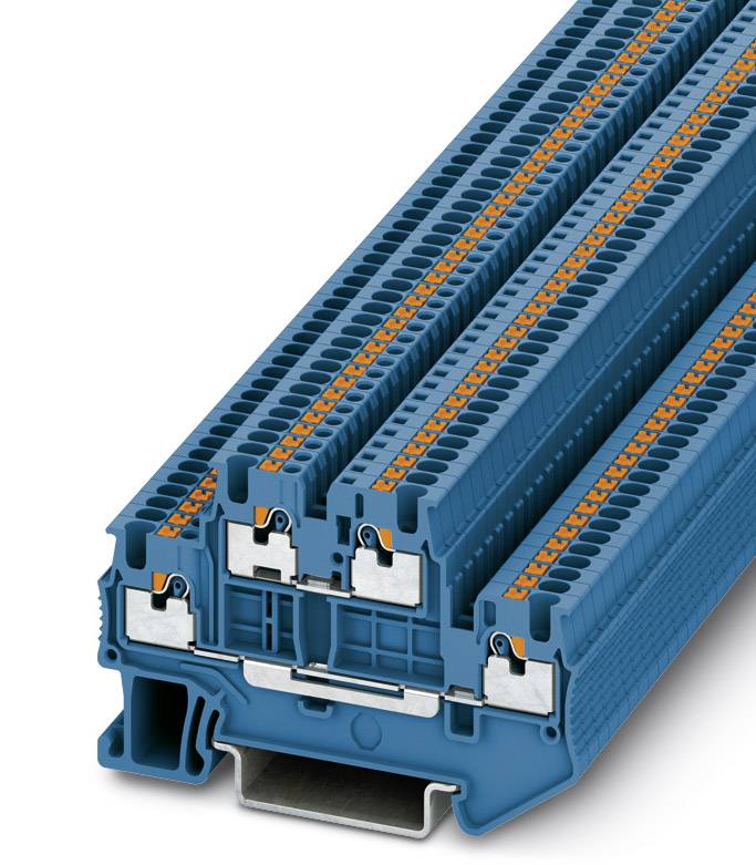 Vier blaue Reihenklemmen mit orangenen Elementen, montiert auf einer Metallschiene, geeignet für industrielle Verdrahtungen.