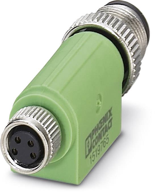 Ein grüner, L-förmiger Steckverbinder mit Metallgewinde und vier Pins, neben dem Logo einer bekannten Elektronikfirma.