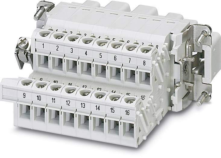 Eine weiße 16-polige elektrische Klemmenleiste mit nummerierten Anschlüssen und Schraubverbindungen.