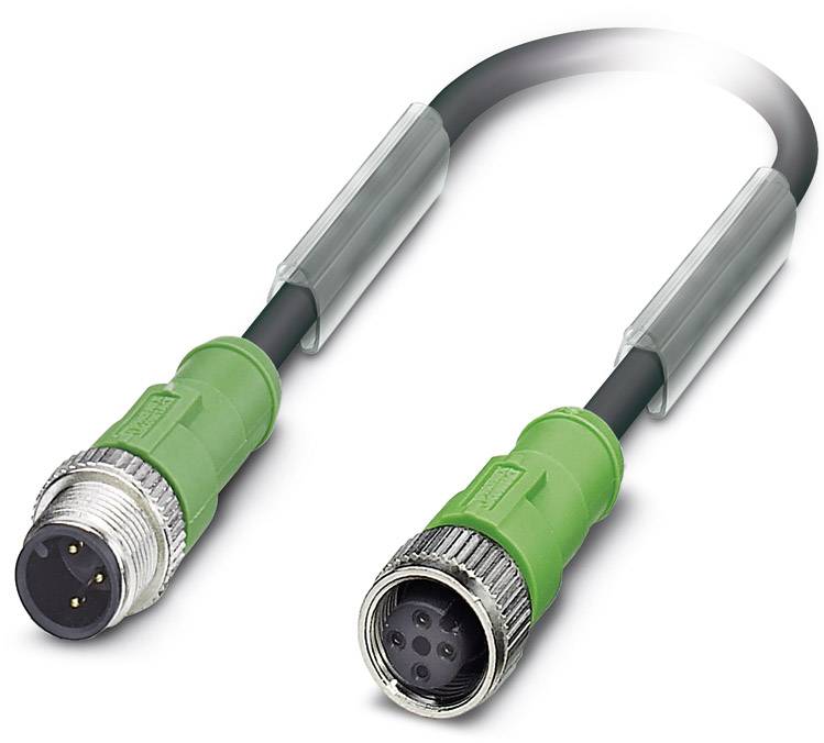 Ein grün-schwarzes, industrielles Steckerkabel mit einem runden Stecker an jedem Ende, dargestellt auf weißem Hintergrund.