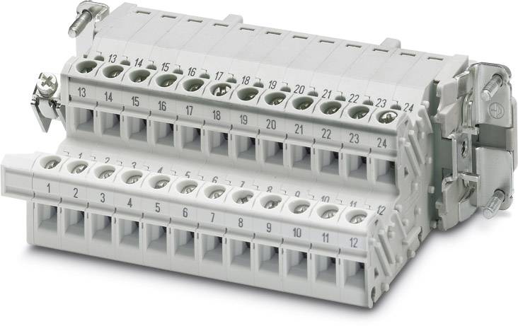 Grau-weißer elektrischer Reihenklemmenblock mit 24 nummerierten Anschlüssen.