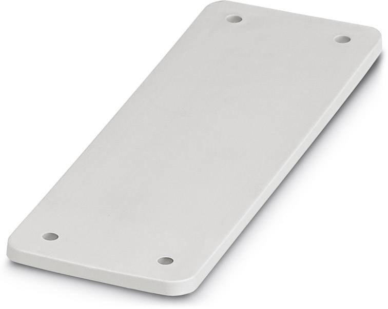 Eine rechteckige graue Metallplatte mit vier Löchern an den Ecken.
