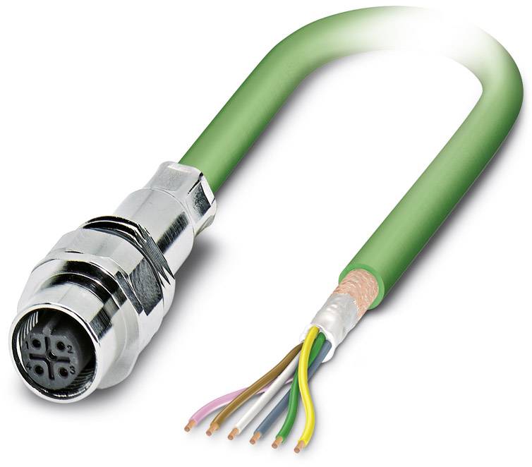Ein mehradriges elektrisches Kabel mit grünem Mantel und metallischem Steckverbinder, das für industrielle Anwendungen eingesetzt wird.
