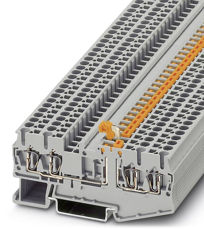 Graue Klemmleiste mit orangenen Elementen. Eignet sich zur Verdrahtung in elektrischen Schaltkästen.
