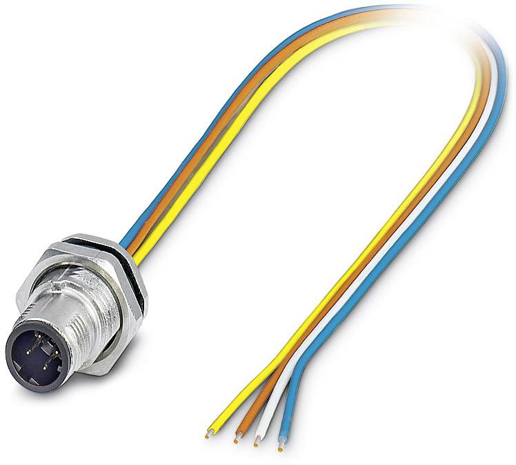 Ein M12-Steckverbinder mit abisolierten farbigen Kabeln: gelb, orange, blau, braun, und weiß. Geeignet für industrielle Anwendungen.