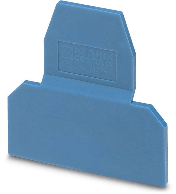 Blauer Endverschluss oder Trennwand aus Kunststoff mit Logo und Produktinformation der Marke.