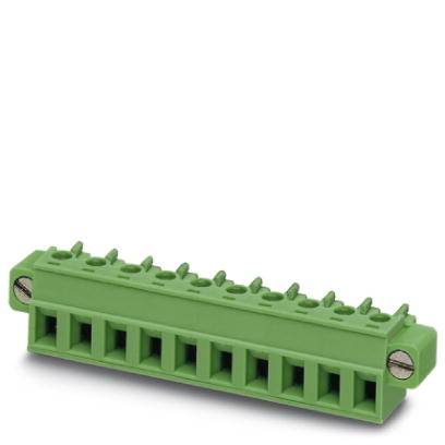 Grüner elektrischer Steckverbinder mit mehreren Anschlussklemmen, geeignet für elektrotechnische Anwendungen.