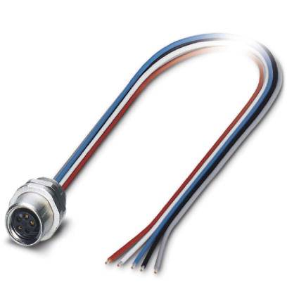 Mehrpoliger Stecker mit farbigen Kabeln: rot, blau, schwarz, weiß. Dient zum Anschließen elektrischer Geräte.
