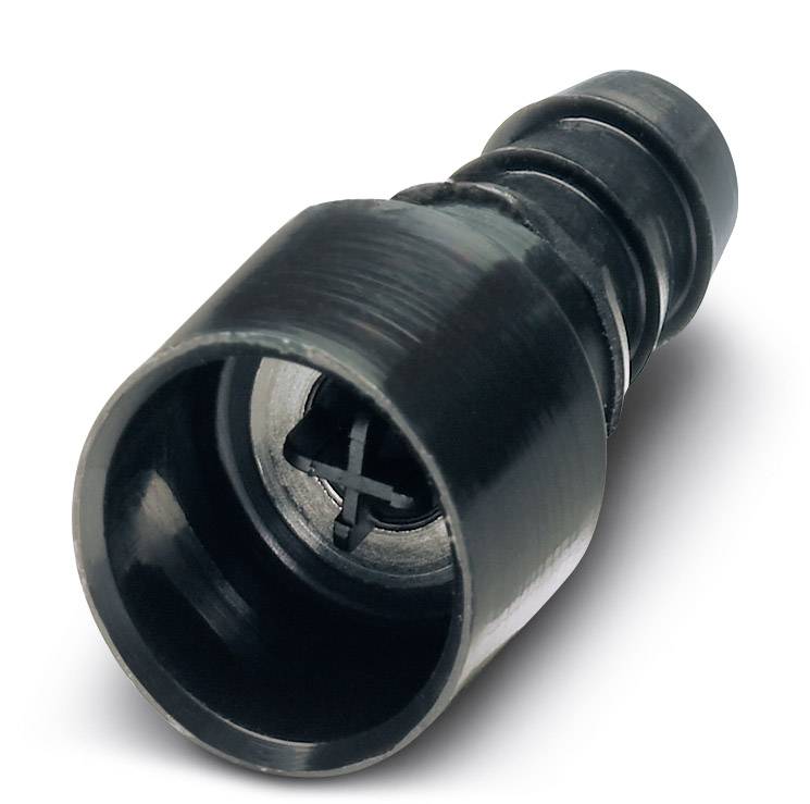 Schwarzes Kunststoffteil mit zylindrischer Form und vertiefter Öffnung, möglicherweise ein Verbindungselement in technischen Anwendungen.