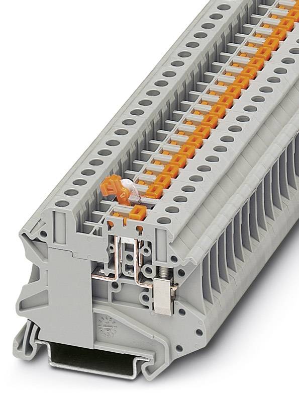 Graue Reihenklemme mit orangenen Komponenten zum elektrischen Anschluss. Geeignet für industrielle Steuerungs- und Verteilsysteme.