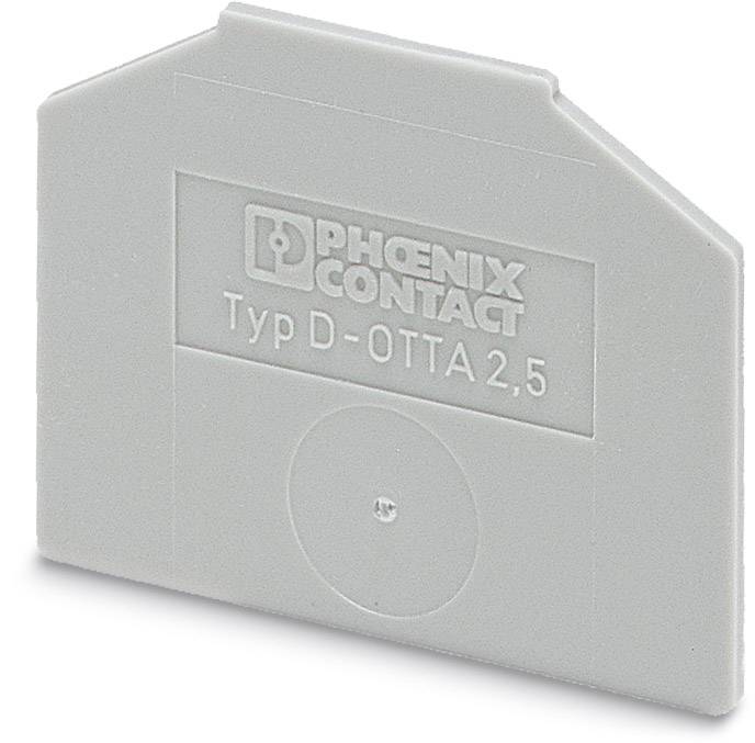 Graues Plastikteil von Phoenix Contact, Typ D-OTTA 2,5, mit eingraviertem Logo und Typenbezeichnung auf der Vorderseite.