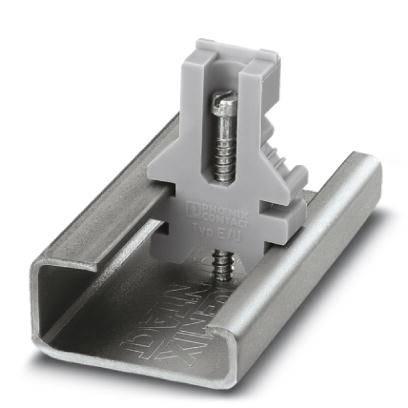 Metallschiene mit grauem Kunststoffclip und Schrauben zur Befestigung von elektrischen Komponenten.