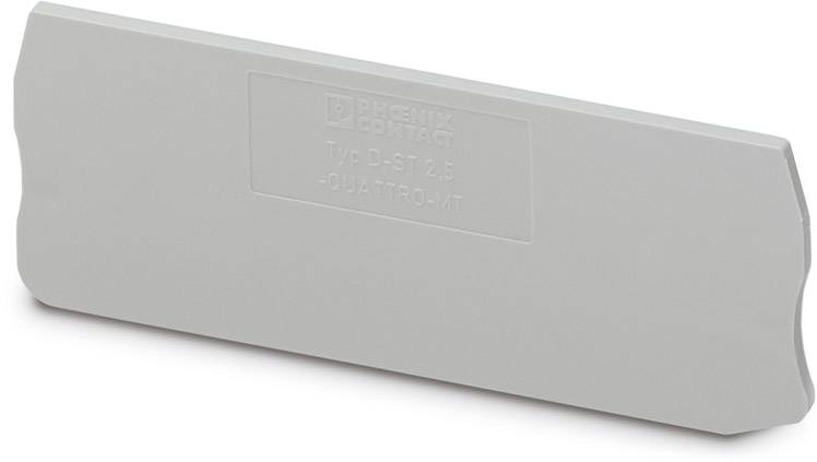 Graues Kunststoffteil mit Aufschrift 'Phoenix Contact Typ D-ST 2,5 QUATTRO-2 MT', möglicherweise eine Abdeckung oder ein Isolatorelement.