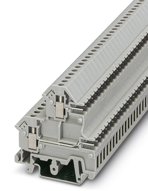 Graue Klemmenblöcke mit gestapelten Ebenen für elektrische Verbindungen, geeignet für industrielle Anwendungen, auf weißem Hintergrund.