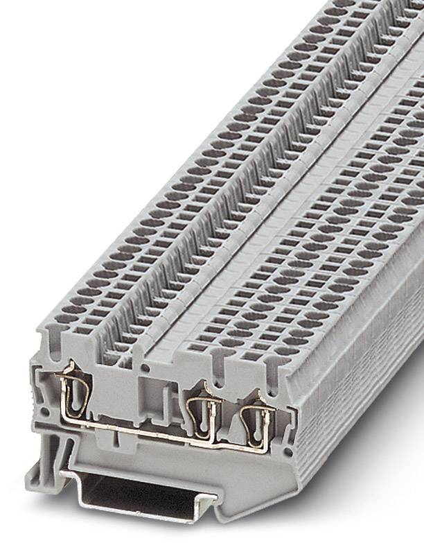 Grauer Reihenklemmenblock mit mehreren Steckplätzen und sichtbarer Metallverbindung für elektrische Anwendungen in der Industrie.