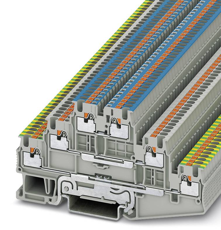 Elektrische Reihenklemme mit mehreren Anschlüssen in farblich markierten Reihen für verschiedene Kabeltypen und Spannungsbereiche.