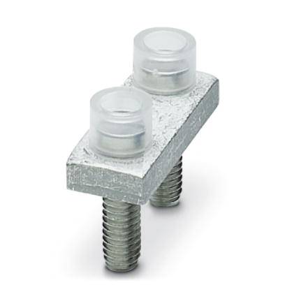 Metallischer Befestigungsblock mit zwei Schrauben und transparenten Kunststoffkappen.用于电路连接的标准组件。