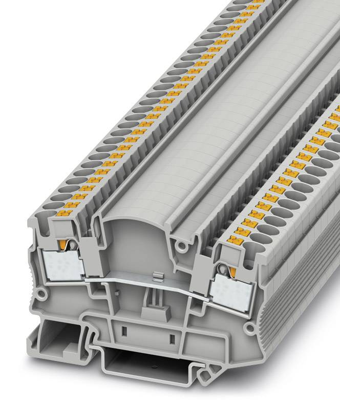 Graues Reihenklemmenmodul mit mehreren Anschlussstellen, geeignet für die Anwendung in elektrischen Schaltschränken.