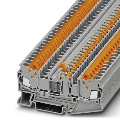Ein grauer industrieller Steckverbinder mit mehreren orangefarbenen Kontakten zum Verbinden elektrischer Leitungen.