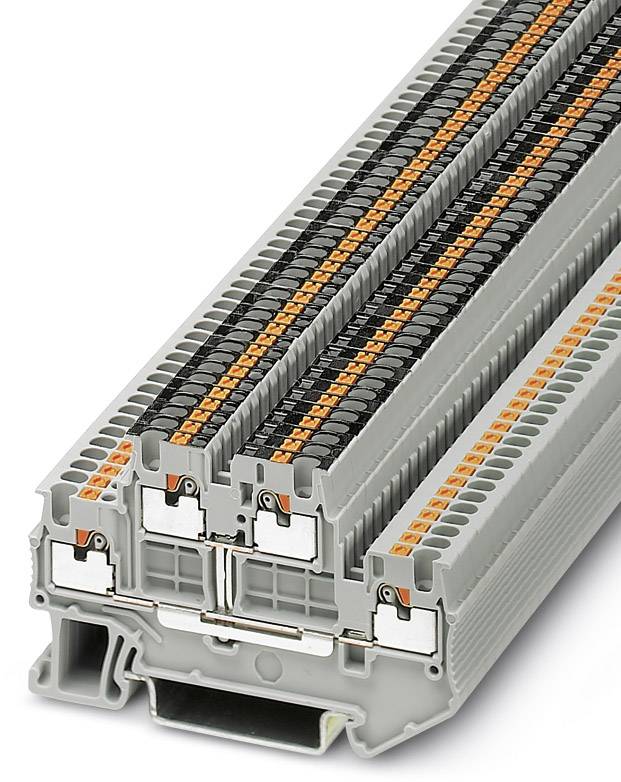 Ein grauer Reihenklemmenblock mit orange und schwarz markierten Anschlüssen, geeignet für den Einsatz in Schaltschrankinstallationen.