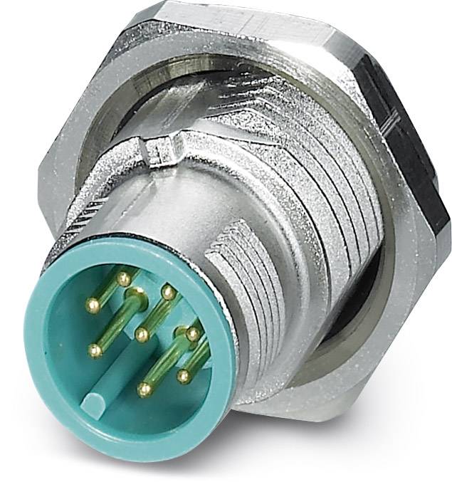 Ein silberner, sechseckiger Steckverbinder mit einem türkisfarbenen Anschluss und mehreren goldenen Pins, benutzt in technischen Anwendungen.
