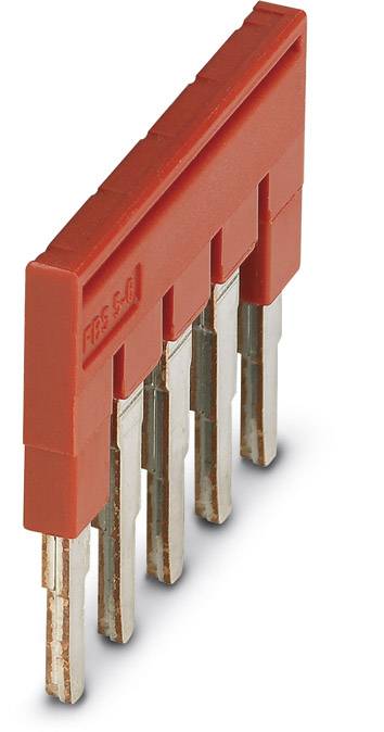 Roter Brückenträger mit fünf Metallstiften, häufig verwendet zur elektrischen Verbindung in Steckverbindersystemen.