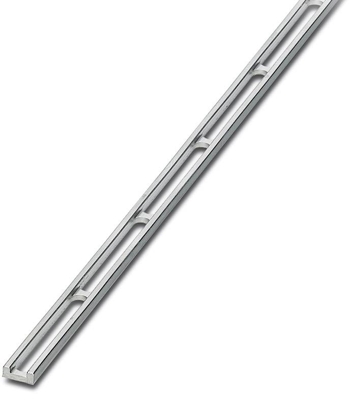 Ein langer, silberfarbener Metallkanal mit mehreren vertikalen Schlitzen zur Kabelführung, schräg von oben links nach unten rechts.