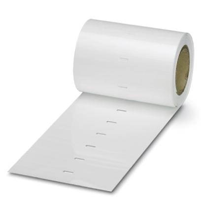 Eine Rolle mit weißen Etiketten auf einem abrollbaren Band, bereit zur Verwendung in Druckern oder Etikettierern.