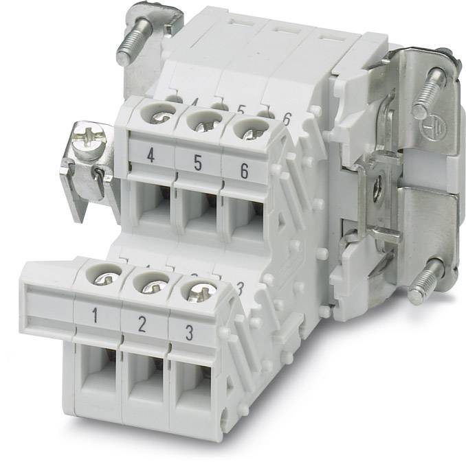 Ein sechspoliger elektrischer Klemmblock aus Kunststoff, nummeriert von 1 bis 6, mit seitlichen Schrauben zur Befestigung an eine Oberfläche.