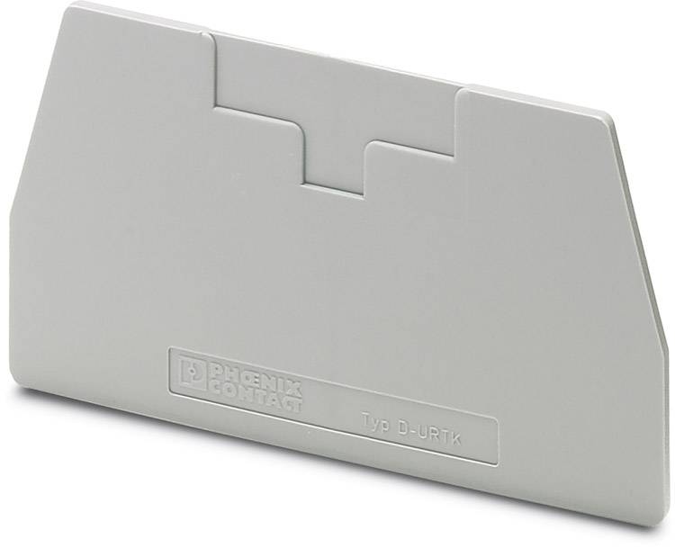 Graues Endhalter für Reihenklemmen von Phoenix Contact, Modell Typ D-URTK, zur mechanischen Stabilisierung und Isolation.