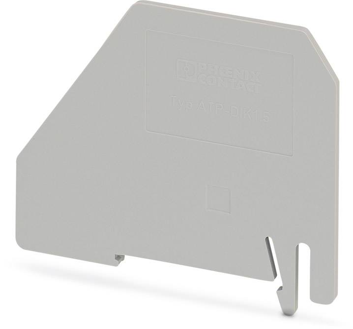 Graue Abdeckplatte ATP-DIK 15 von PHOENIX CONTACT, dient zum Isolieren und Schützen von elektrischen Verbindungen in Schaltschränken.
