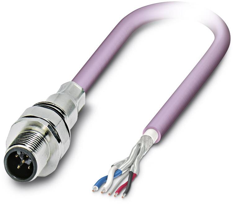 Ein rosa, flexibles Kabel mit einem Metallstecker und freiliegenden, farbkodierten Drähten: schwarz, weiß, rot und blau.